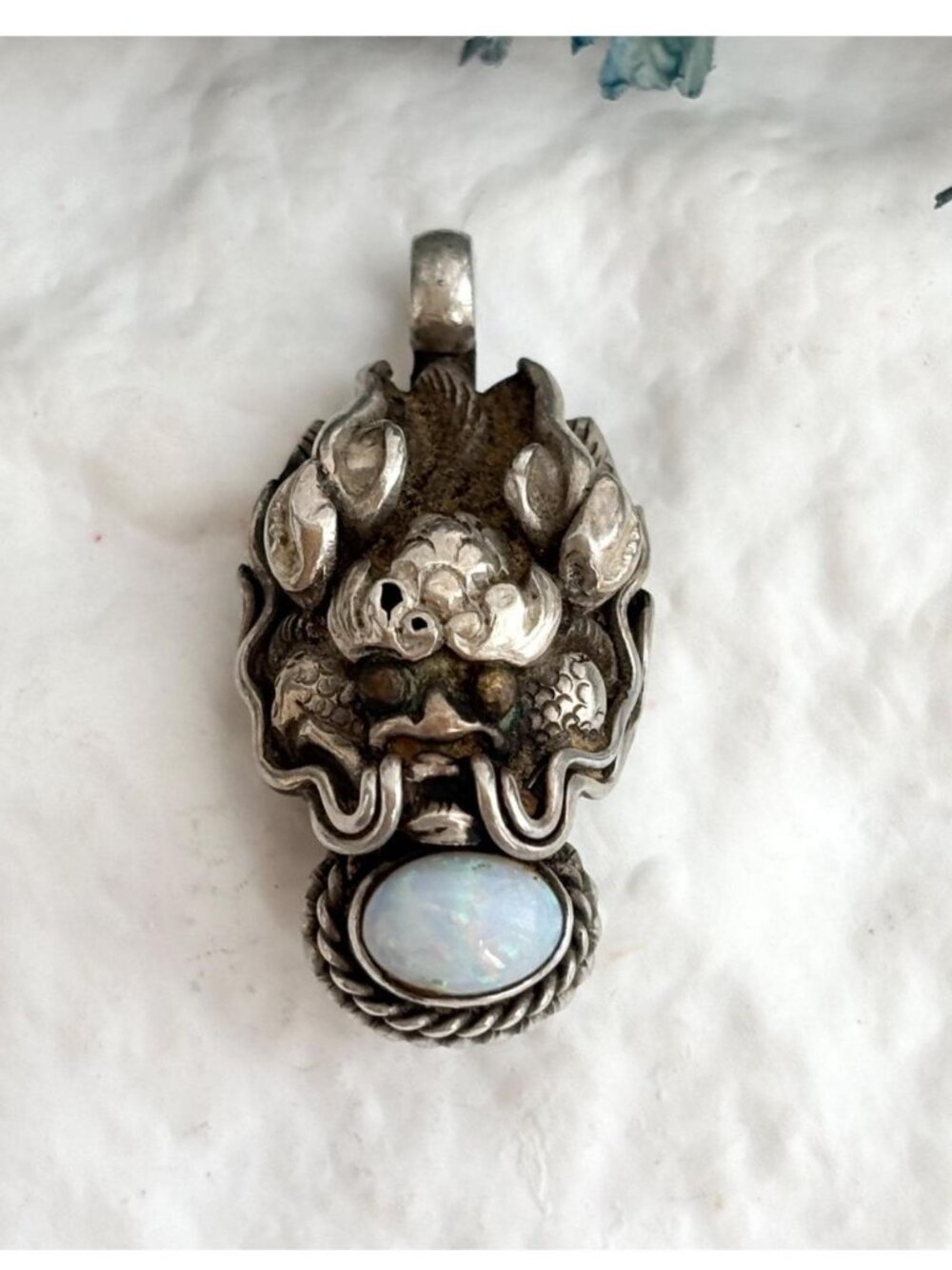 Mythical Guardian Face | Kirtimukha Opal Sterling Silver 925 Vintage Pendant